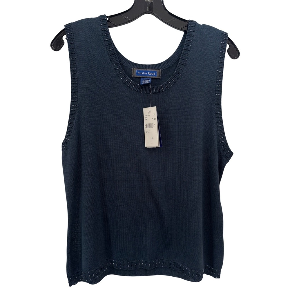 Austin Reed Silk Knit Shell Tank Top Blue Beaded Trim Size L NWT Quiet Luxury